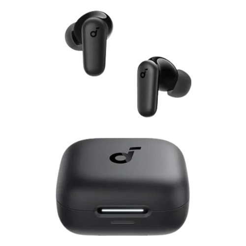 Anker Soundcore R50i NC earbuds in black, above their charging case