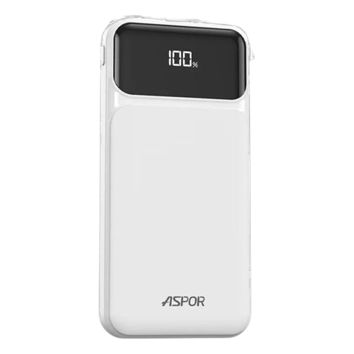 Aspor 10,000mAh power bank in white, with its charge display reading 100%